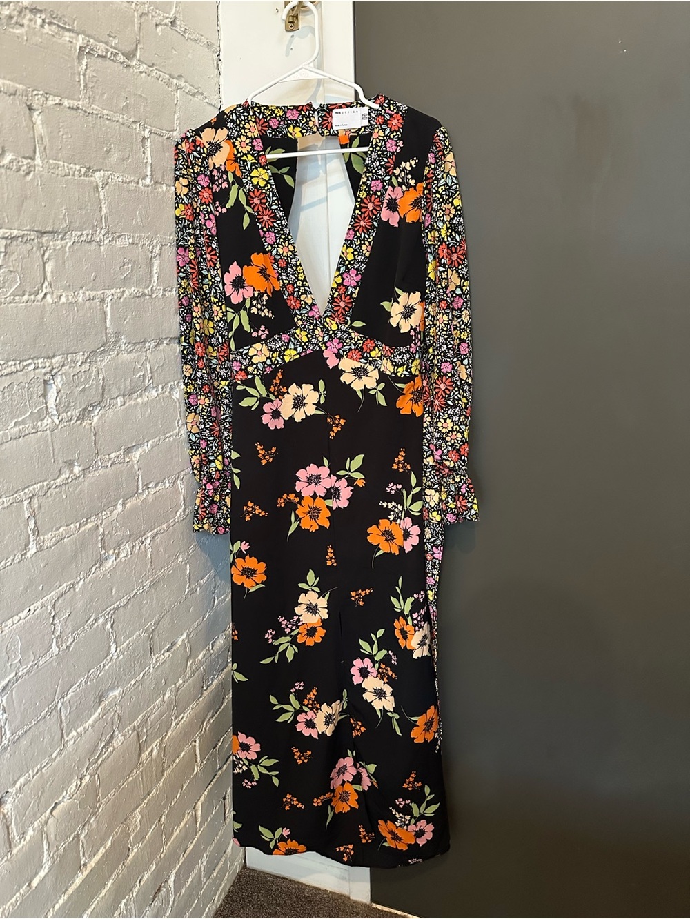 ASOS Floral V-Neck Long Sleeve Midi Dress - Black with Multicolor Flowers